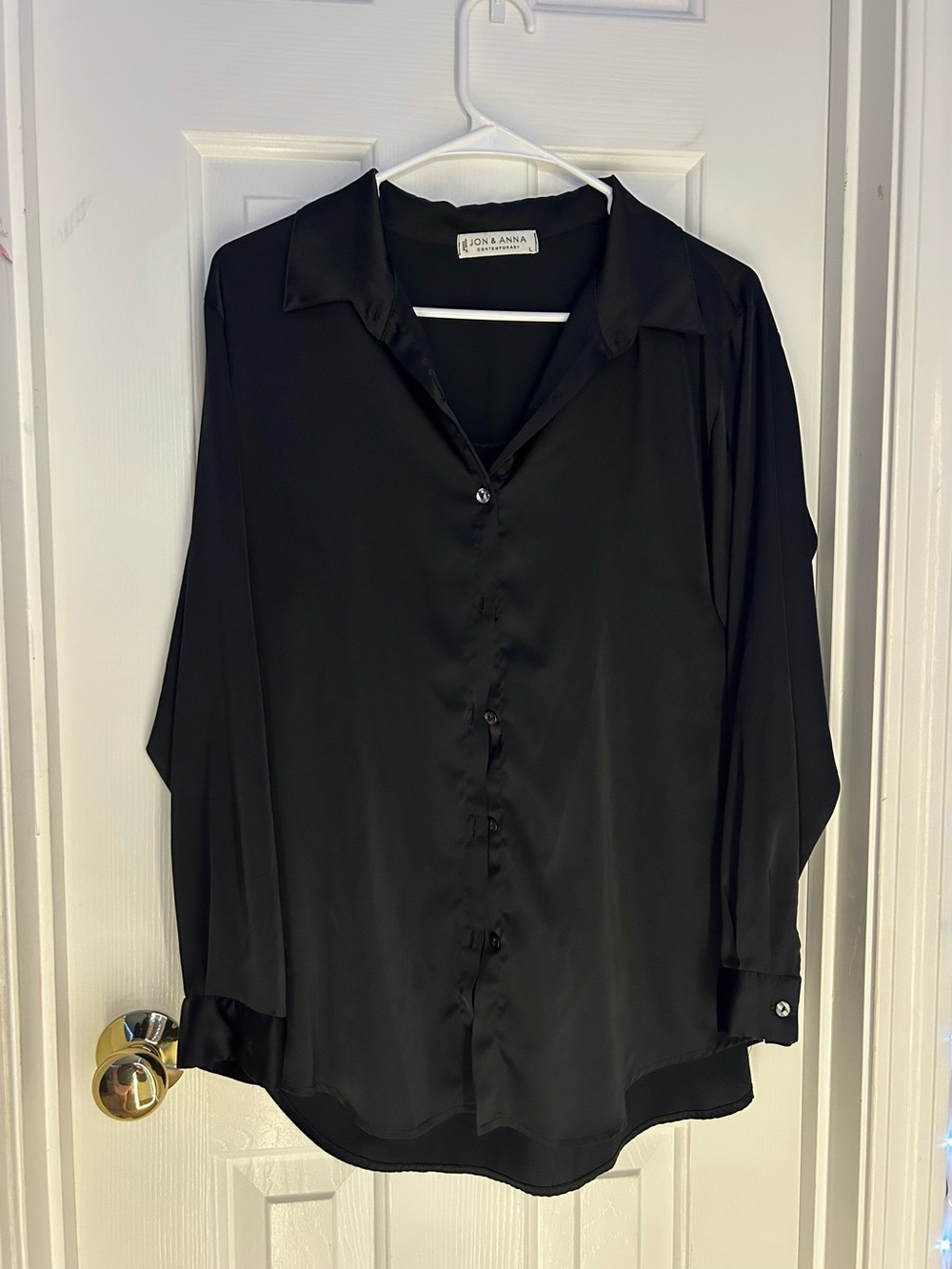 Jon & Anna Black Satin Long Sleeve Button-Down Shirt